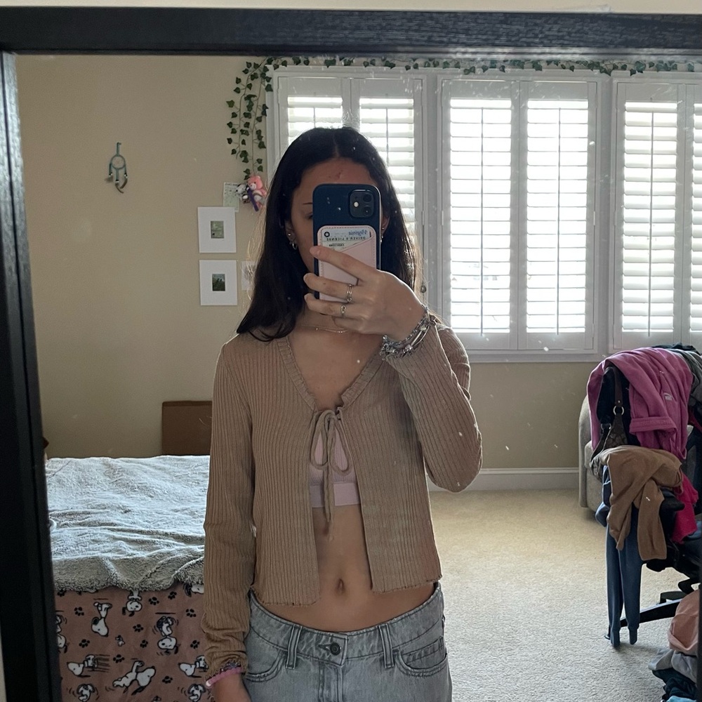 Tan Ribbed Tie-Front Cardigan